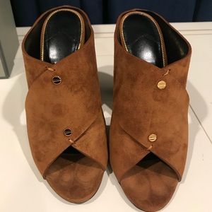 Tom Ford Suede Open Toe Heel Sandal Biscuit Whisky Brown Gold Mules